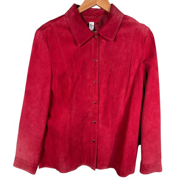 Investments Leather Suede Jacket Women SZ Large Red Barn Chore Pearl Snap Coat* - Picture 1 of 11